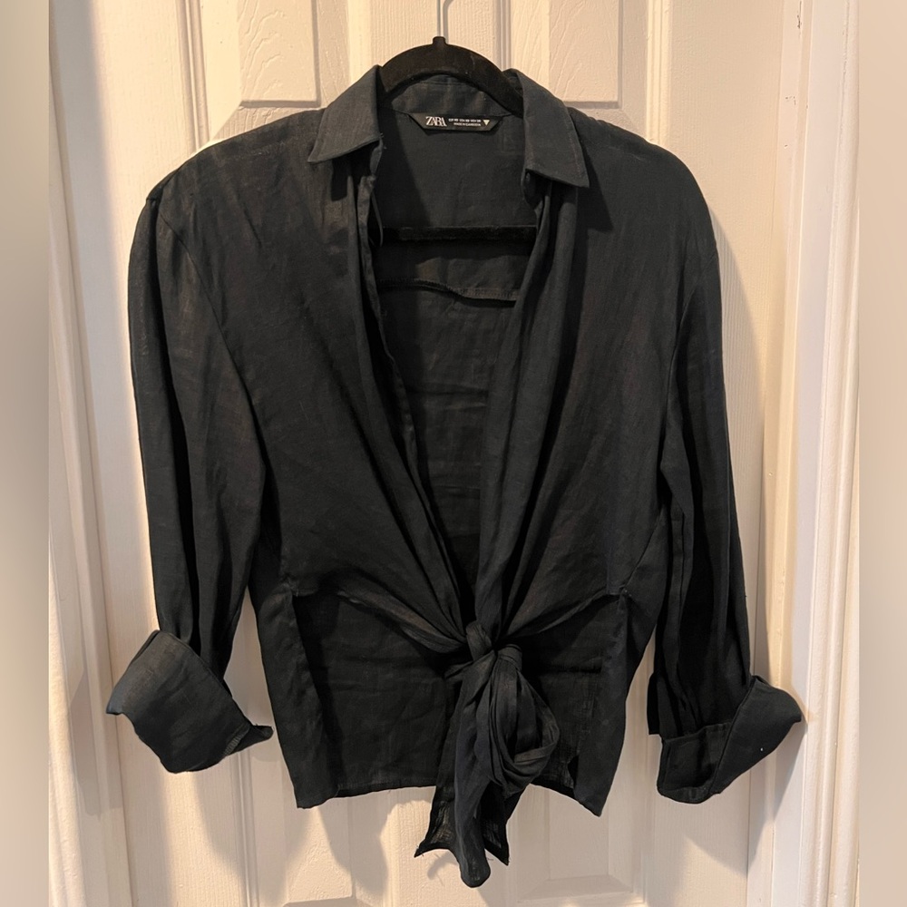 Zara Black Linen Tie-Front Button-Down Shirt